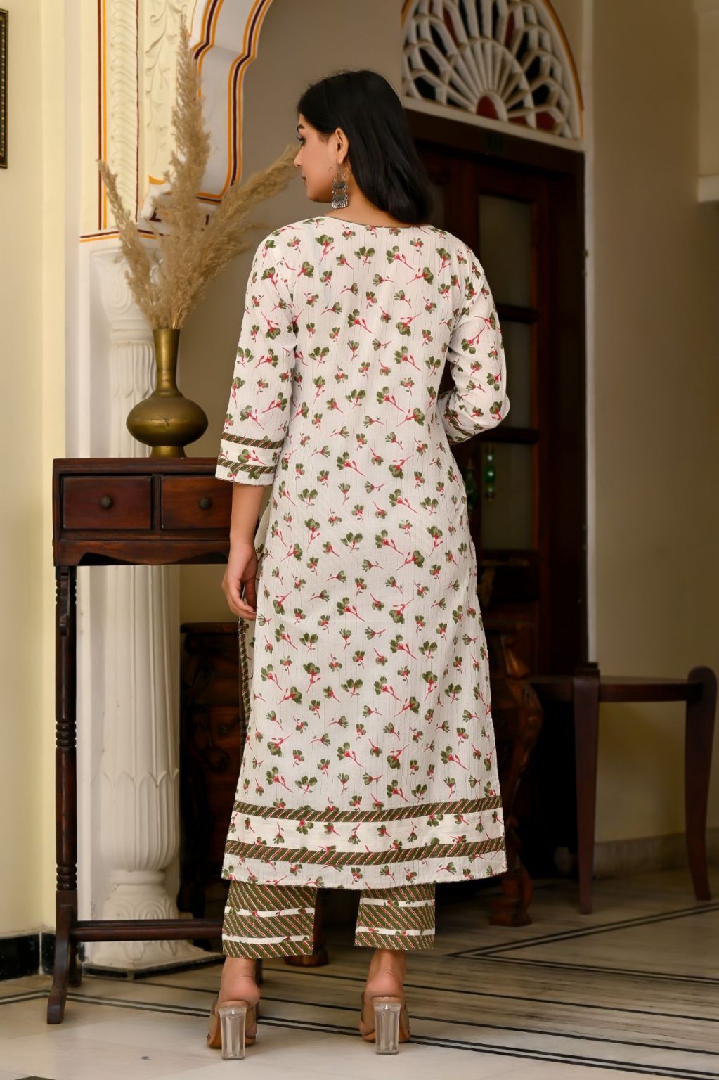 CREAM WHITE  GREEN  PRINTED COTTON SUIT SET - Image 4