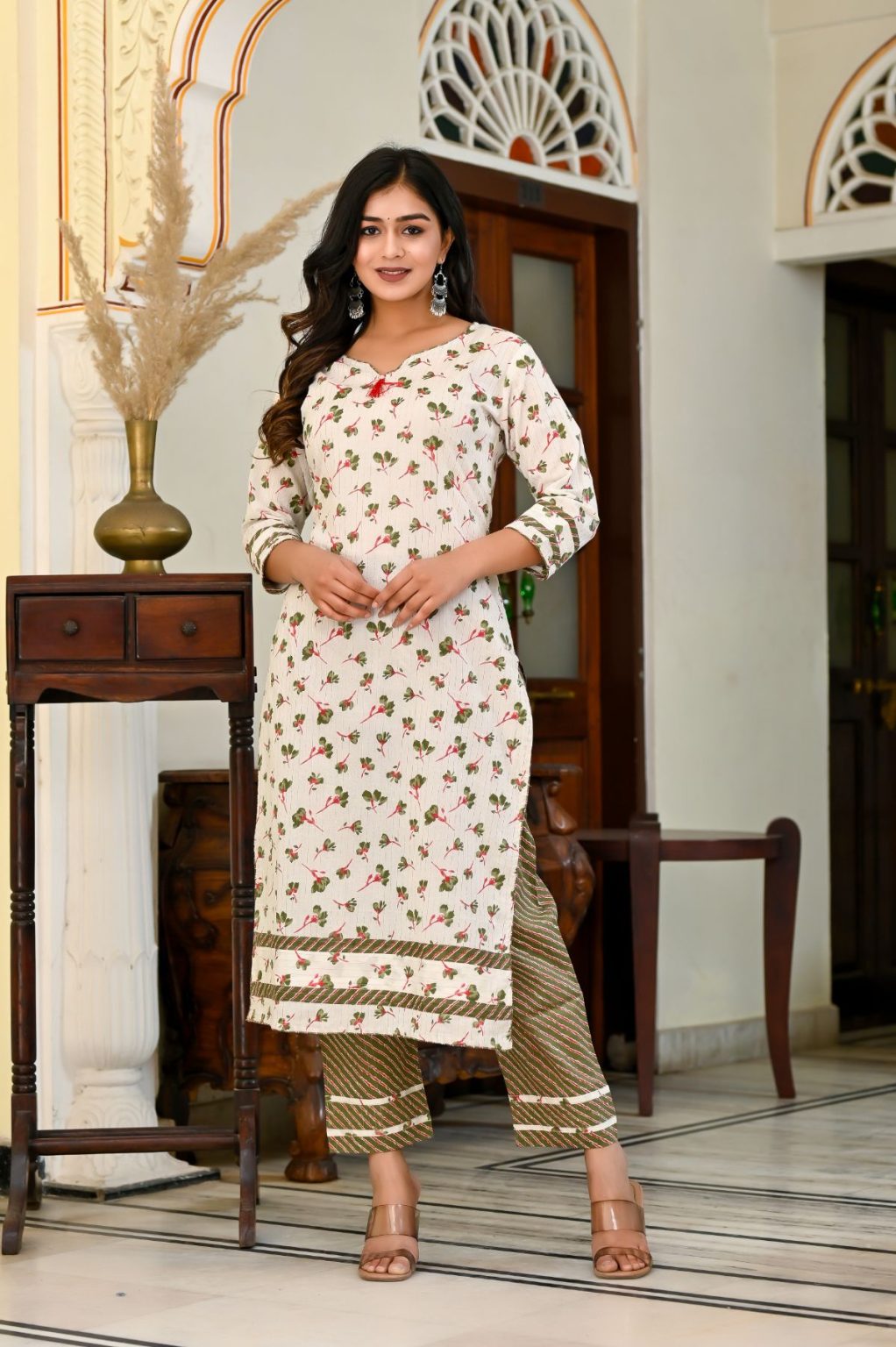 CREAM WHITE  GREEN  PRINTED COTTON SUIT SET - Image 3