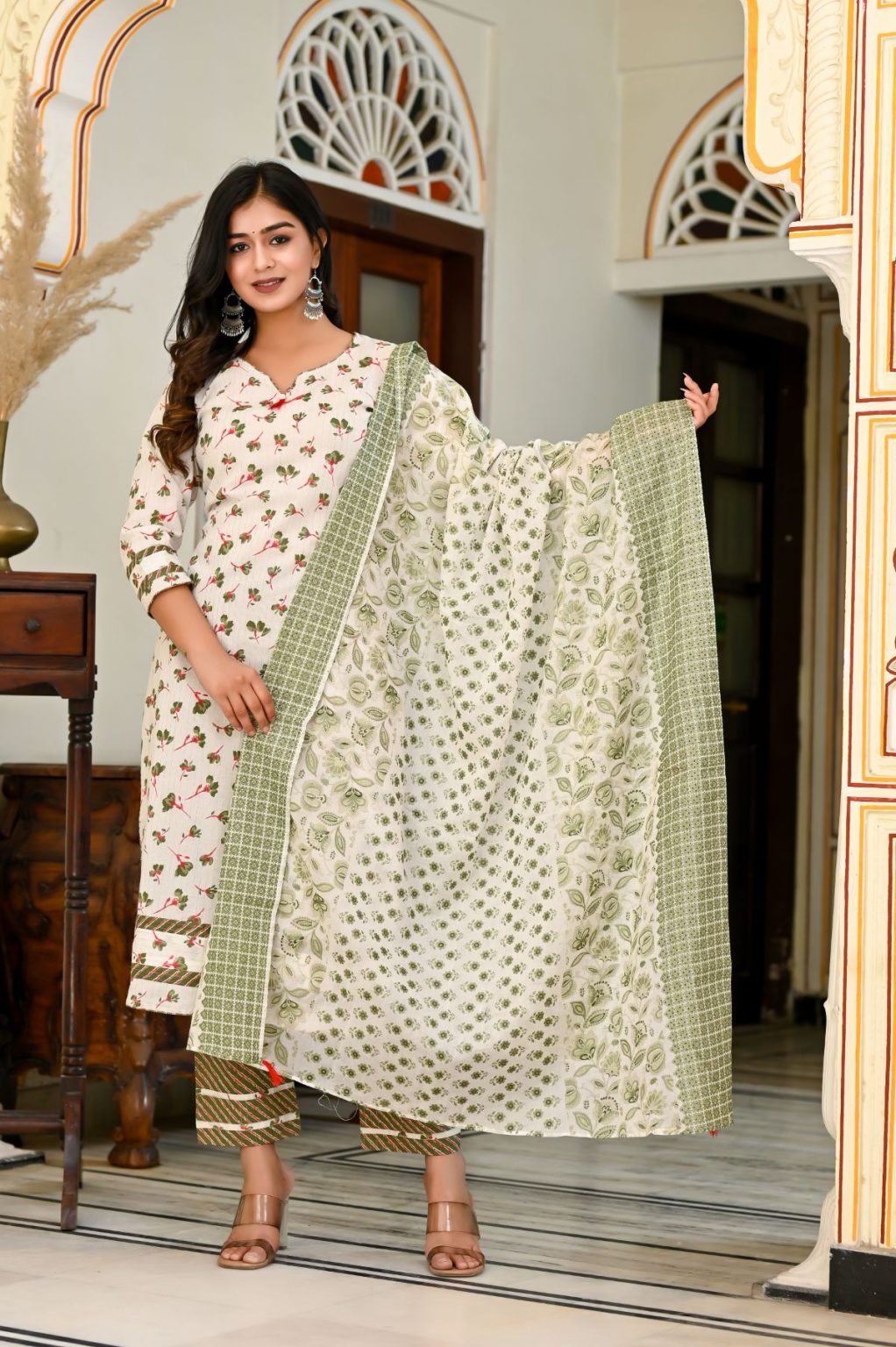 CREAM WHITE  GREEN  PRINTED COTTON SUIT SET - Image 5