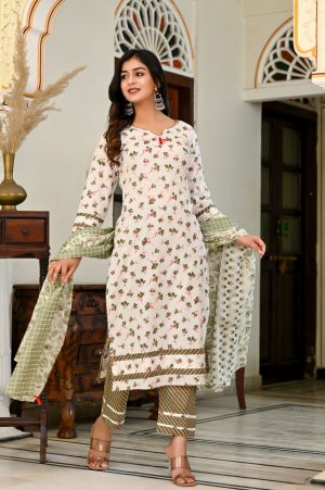 CREAM WHITE  GREEN  PRINTED COTTON SUIT SET