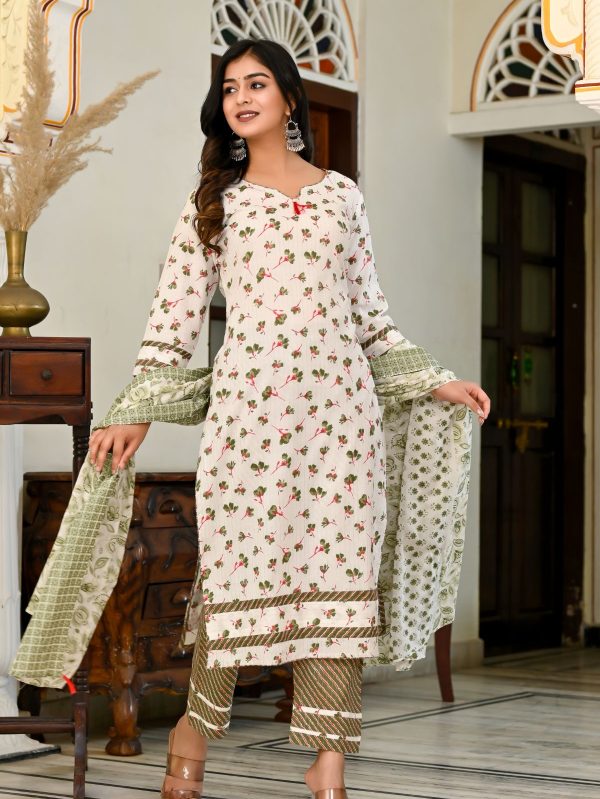 CREAM WHITE  GREEN  PRINTED COTTON SUIT SET