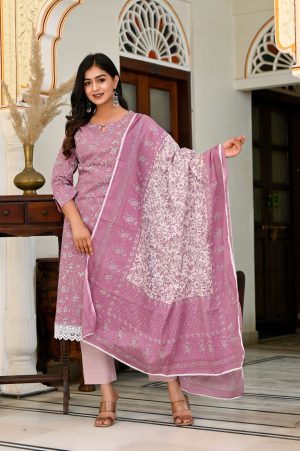 LILAC PINK PRINTED COTTON SUIT SET