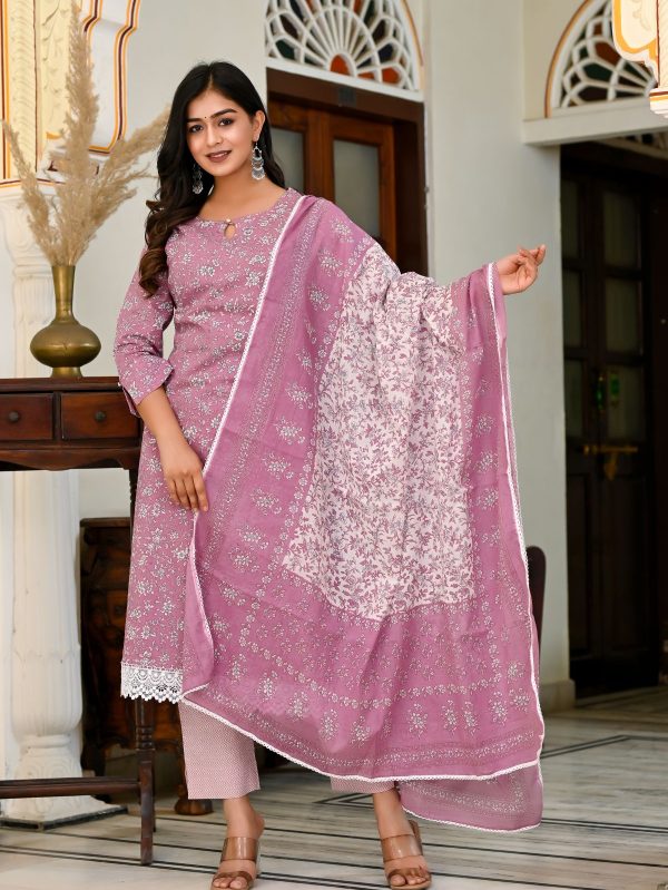 LILAC PINK PRINTED COTTON SUIT SET