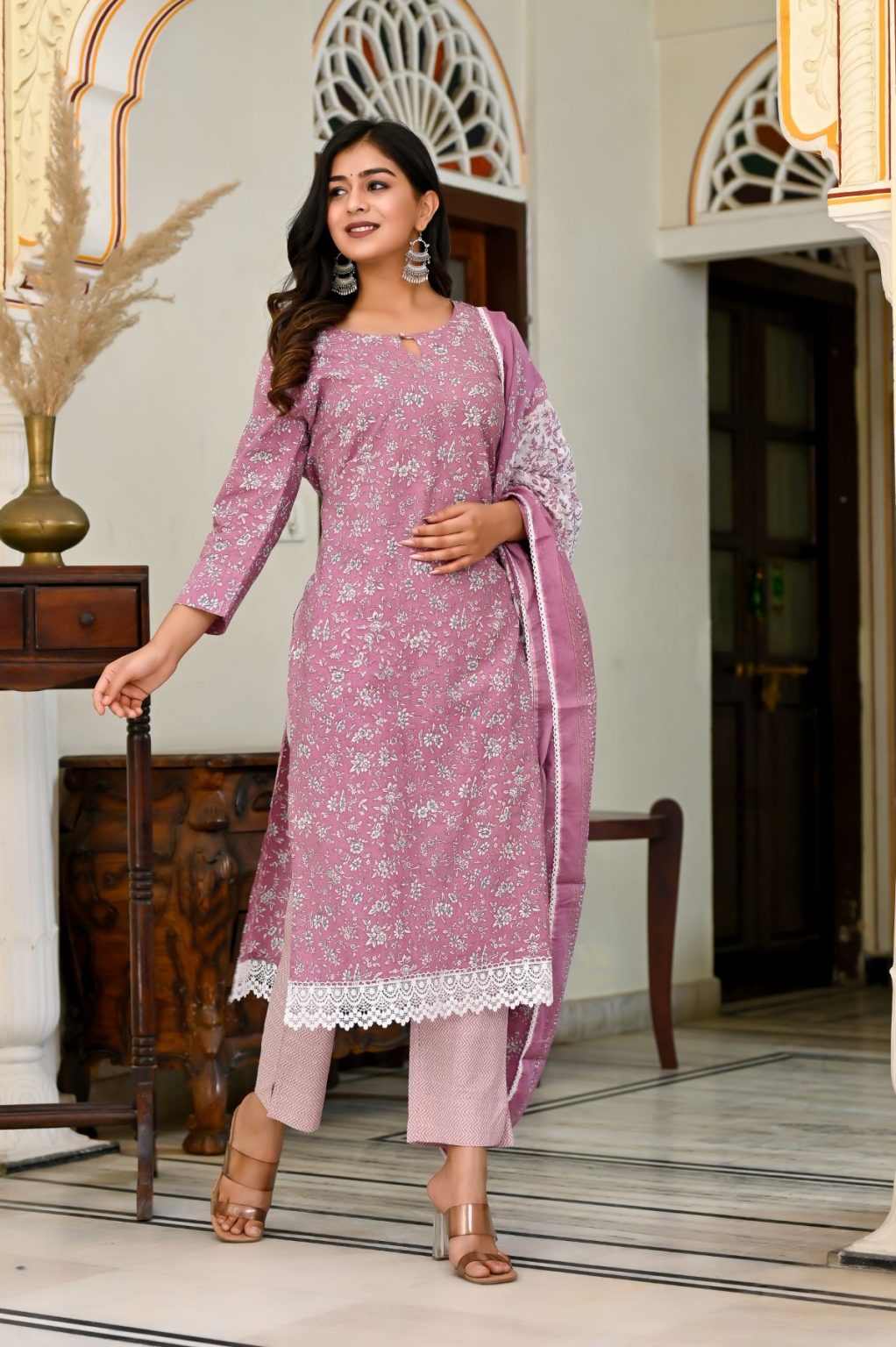 LILAC PINK PRINTED COTTON SUIT SET - Image 6
