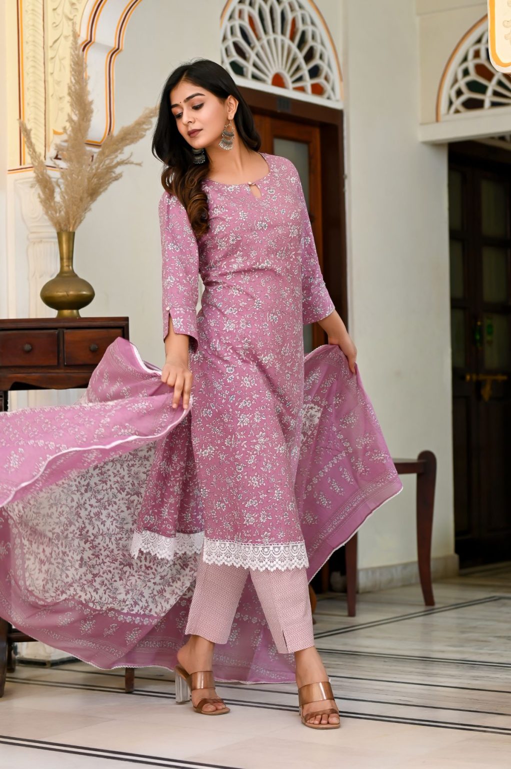 LILAC PINK PRINTED COTTON SUIT SET - Image 5