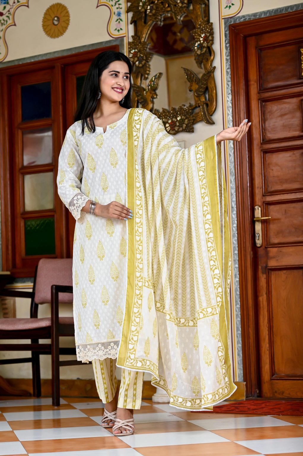 MAIZE OFF WHITE & BLOCK DESIGN PRINTED COTTON KURTA , PANT & DUPATTA - Image 3