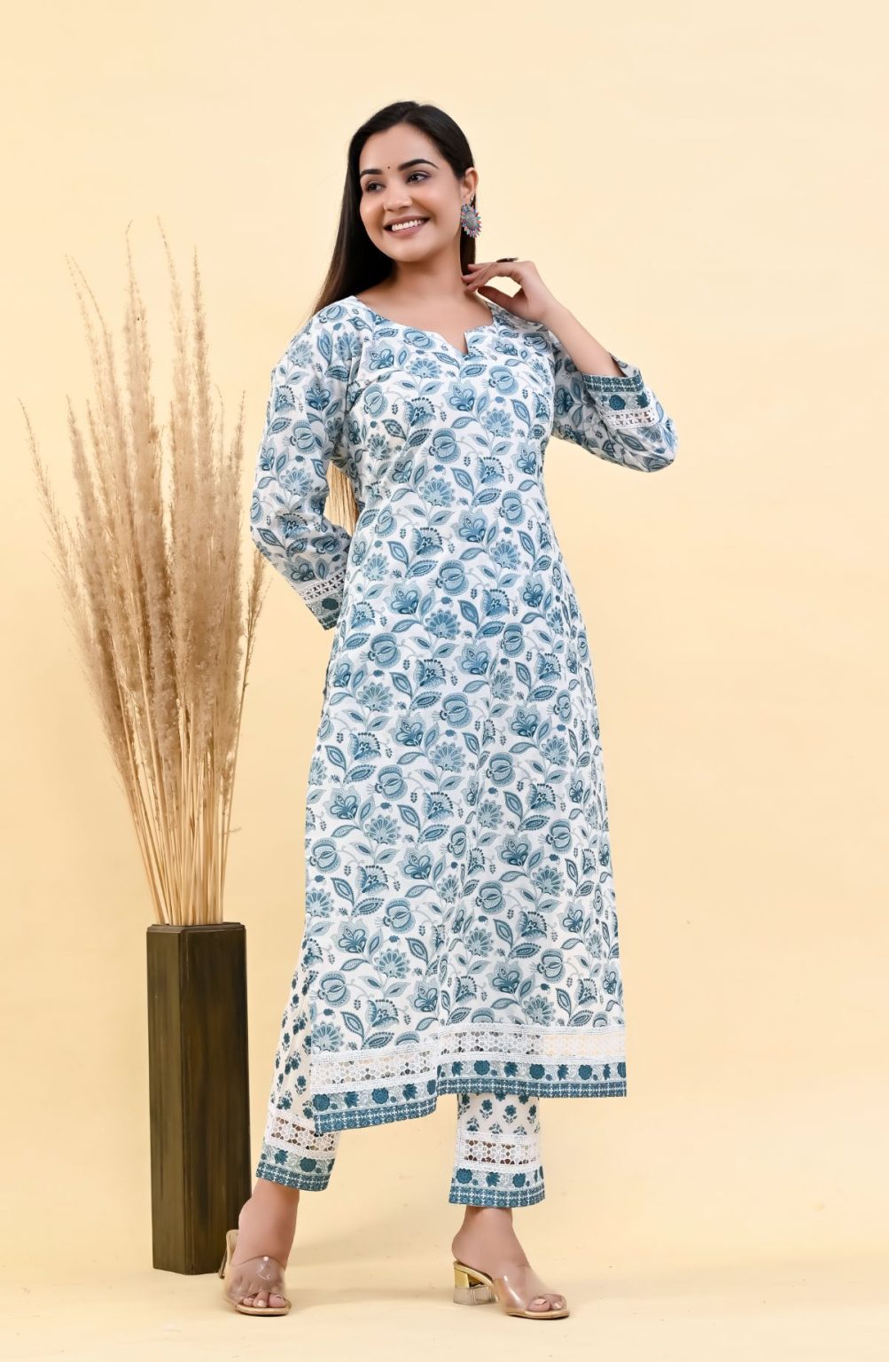 GLITTER FLORAL SKY BLUE COTTON SUIT SET - Image 3