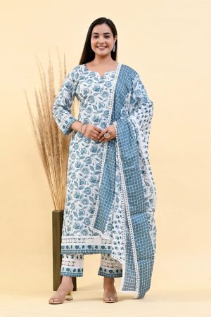 GLITTER FLORAL SKY BLUE COTTON SUIT SET