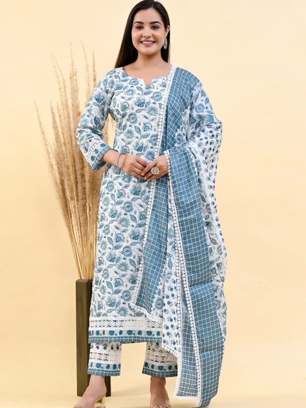 GLITTER FLORAL SKY BLUE COTTON SUIT SET