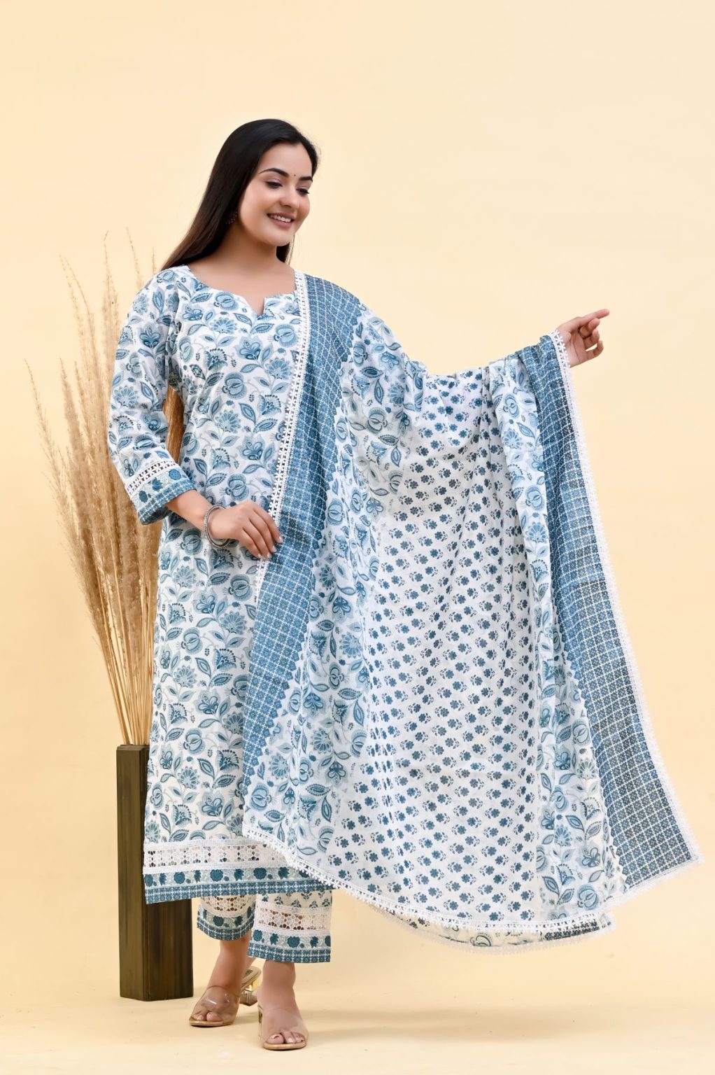 GLITTER FLORAL SKY BLUE COTTON SUIT SET - Image 2