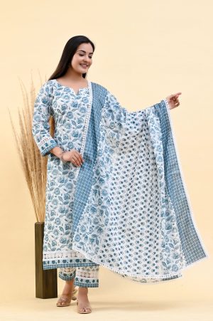 GLITTER FLORAL SKY BLUE COTTON SUIT SET