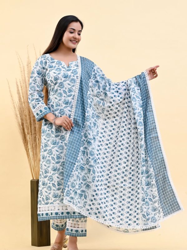 GLITTER FLORAL SKY BLUE COTTON SUIT SET