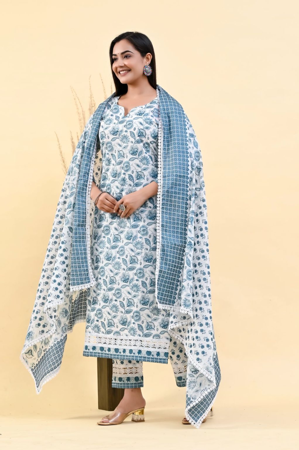 GLITTER FLORAL SKY BLUE COTTON SUIT SET - Image 7