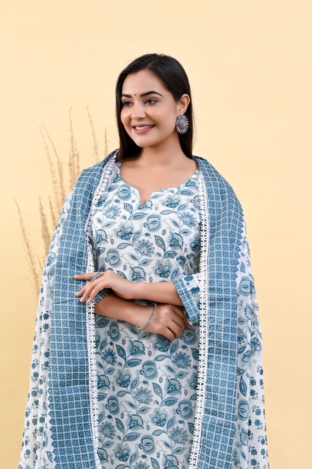 GLITTER FLORAL SKY BLUE COTTON SUIT SET - Image 6