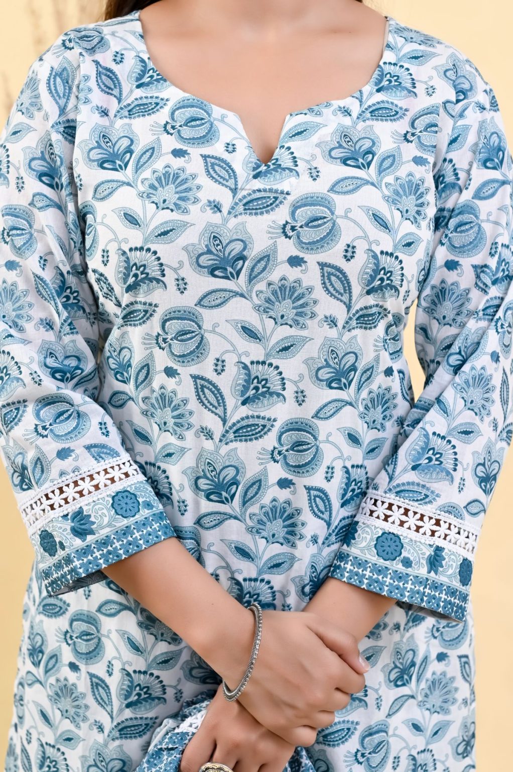 GLITTER FLORAL SKY BLUE COTTON SUIT SET - Image 5