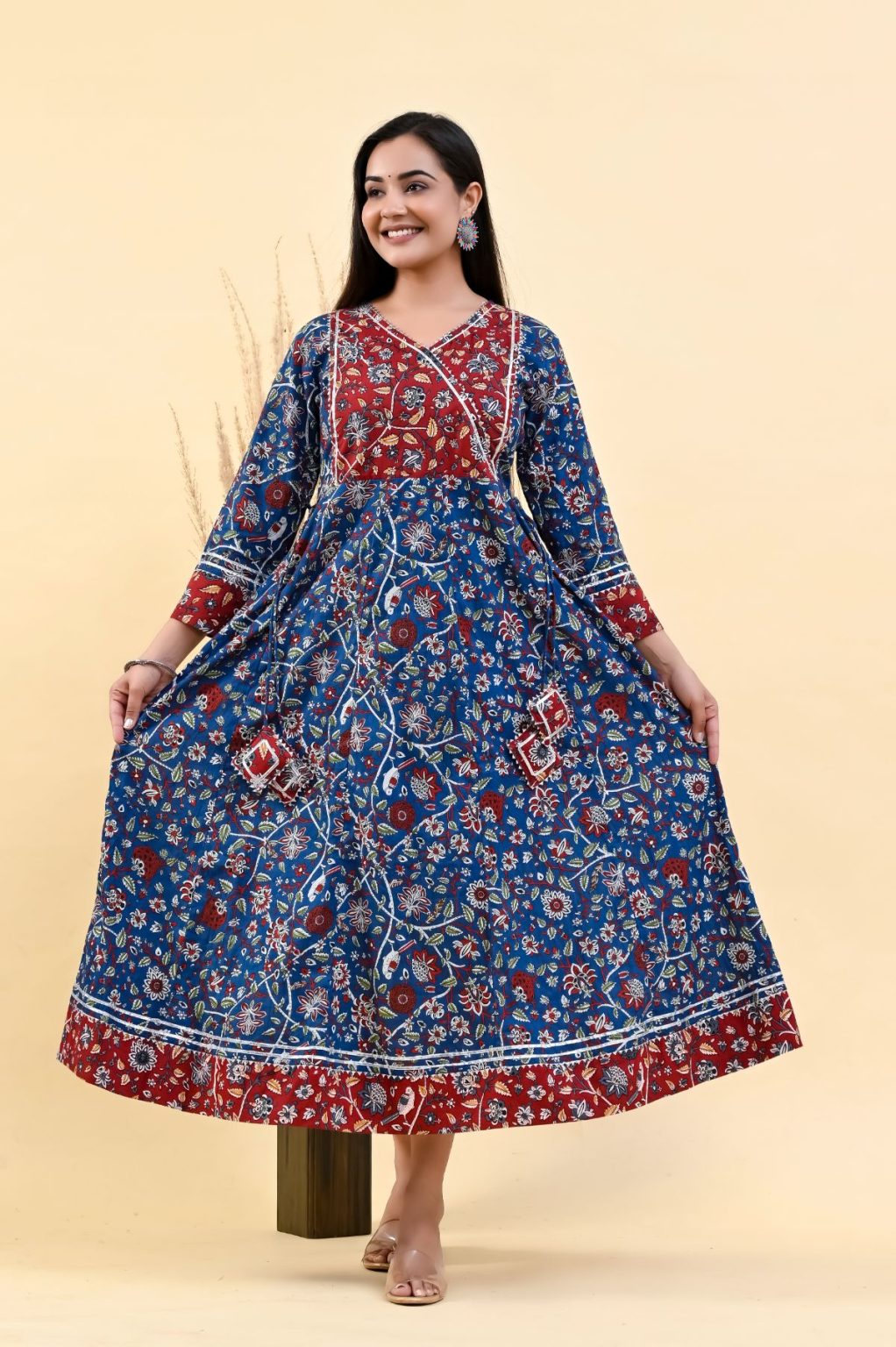 ROYAL BLUE RED  PRINTED COTTON SUIT SET - Image 3