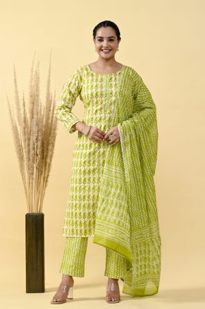 STRAIGHT STYLE COTTON FABRIC KURTA WITH BOTTOM & DUPATTA