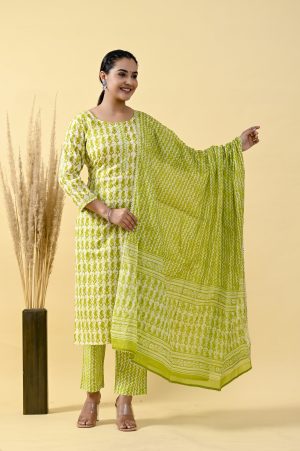 STRAIGHT STYLE COTTON FABRIC KURTA WITH BOTTOM & DUPATTA