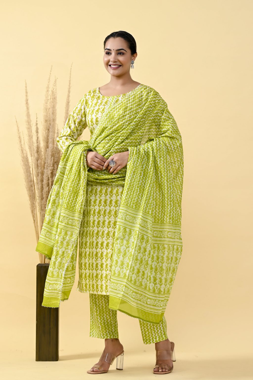 STRAIGHT STYLE COTTON FABRIC KURTA WITH BOTTOM & DUPATTA - Image 3