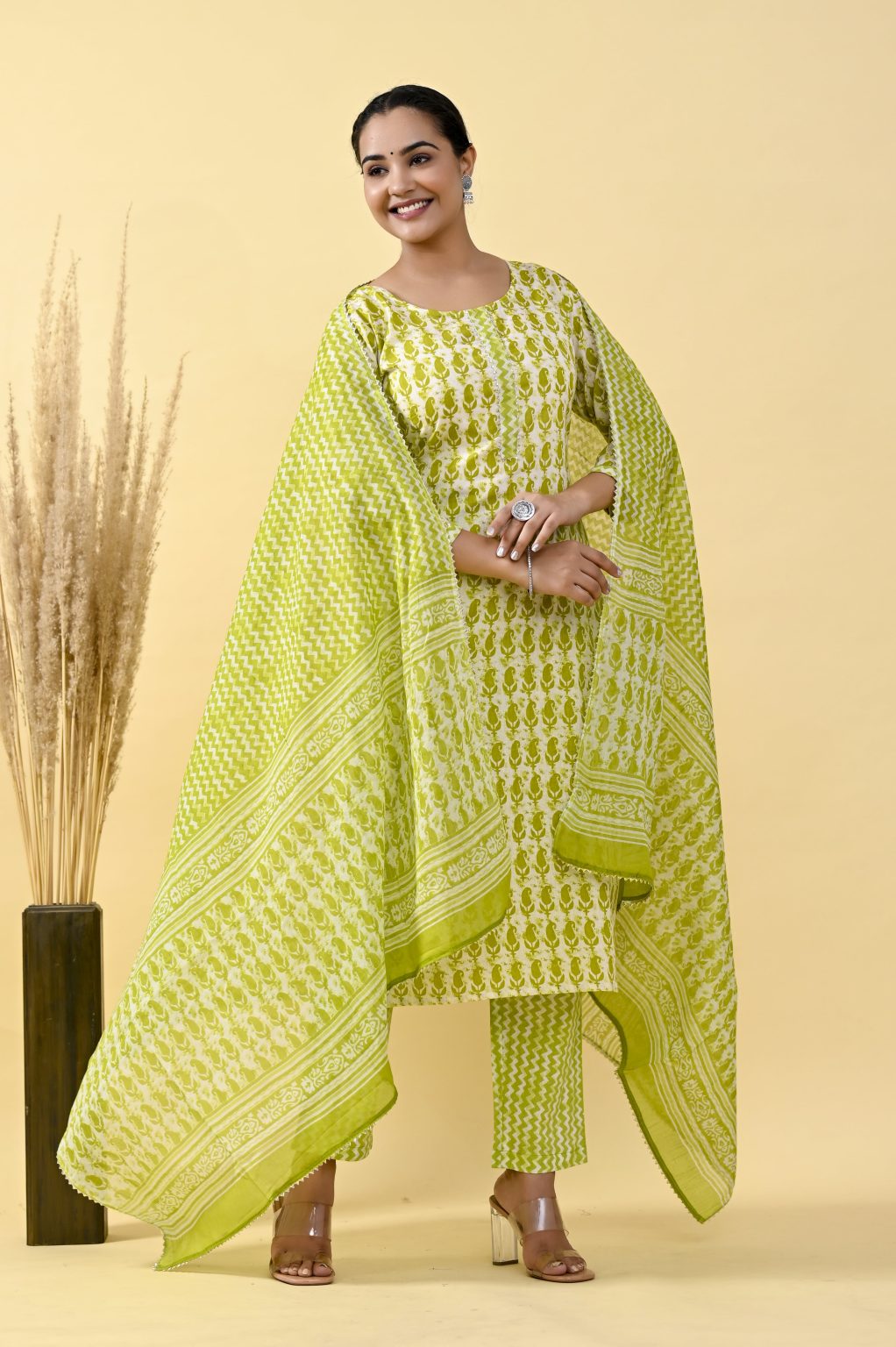 STRAIGHT STYLE COTTON FABRIC KURTA WITH BOTTOM & DUPATTA - Image 4