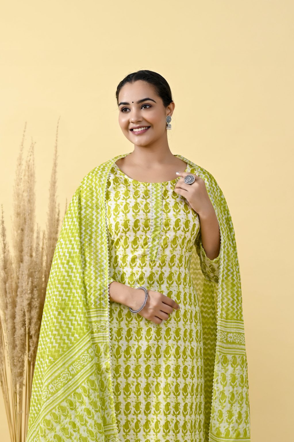 STRAIGHT STYLE COTTON FABRIC KURTA WITH BOTTOM & DUPATTA - Image 5