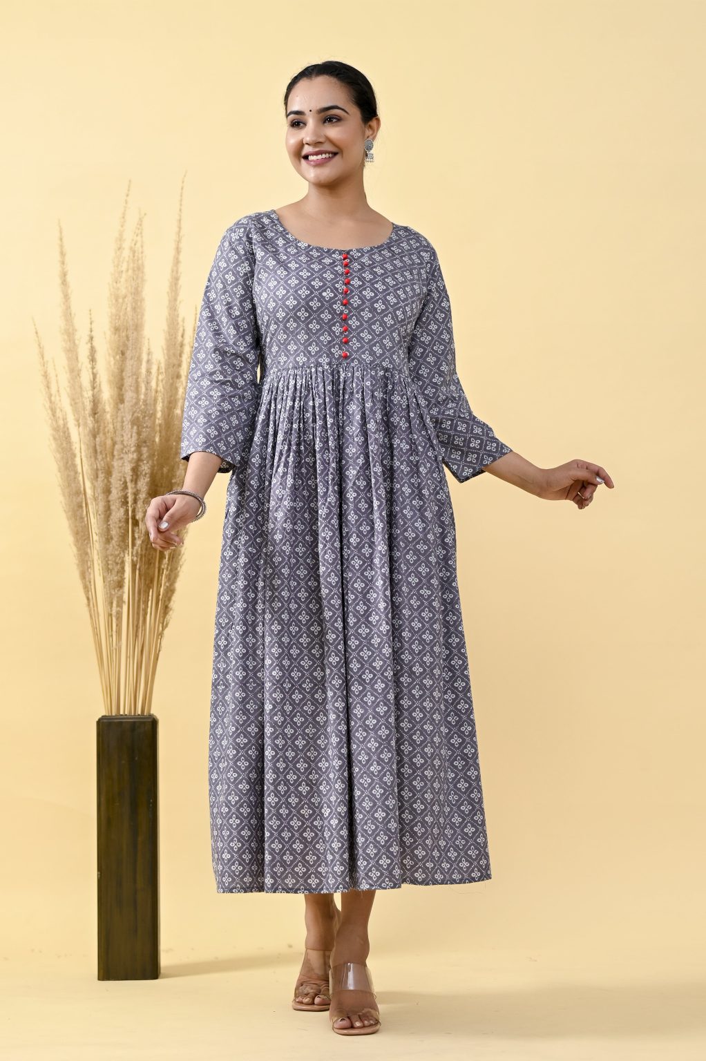 WOMEN'S GRAY COTTON GATHER ONE PIECE - Image 2