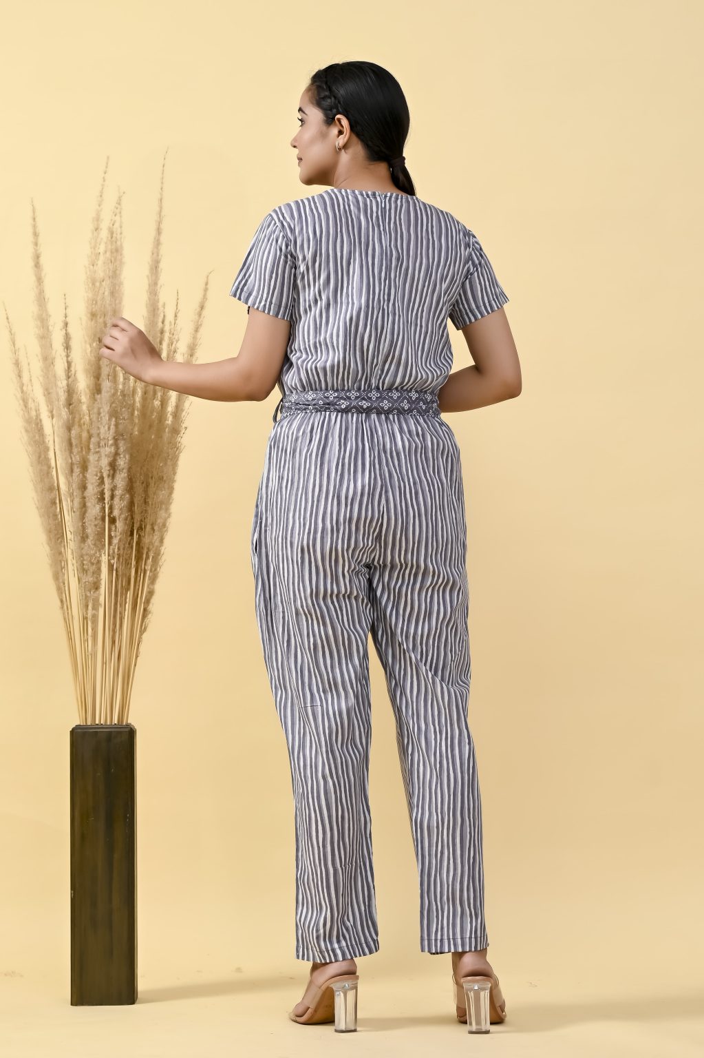 GRAY & WHIT STRIPED COTTON JUMPSUIT WITH BELT - Image 8