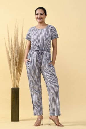 GRAY & WHIT STRIPED COTTON JUMPSUIT WITH BELT