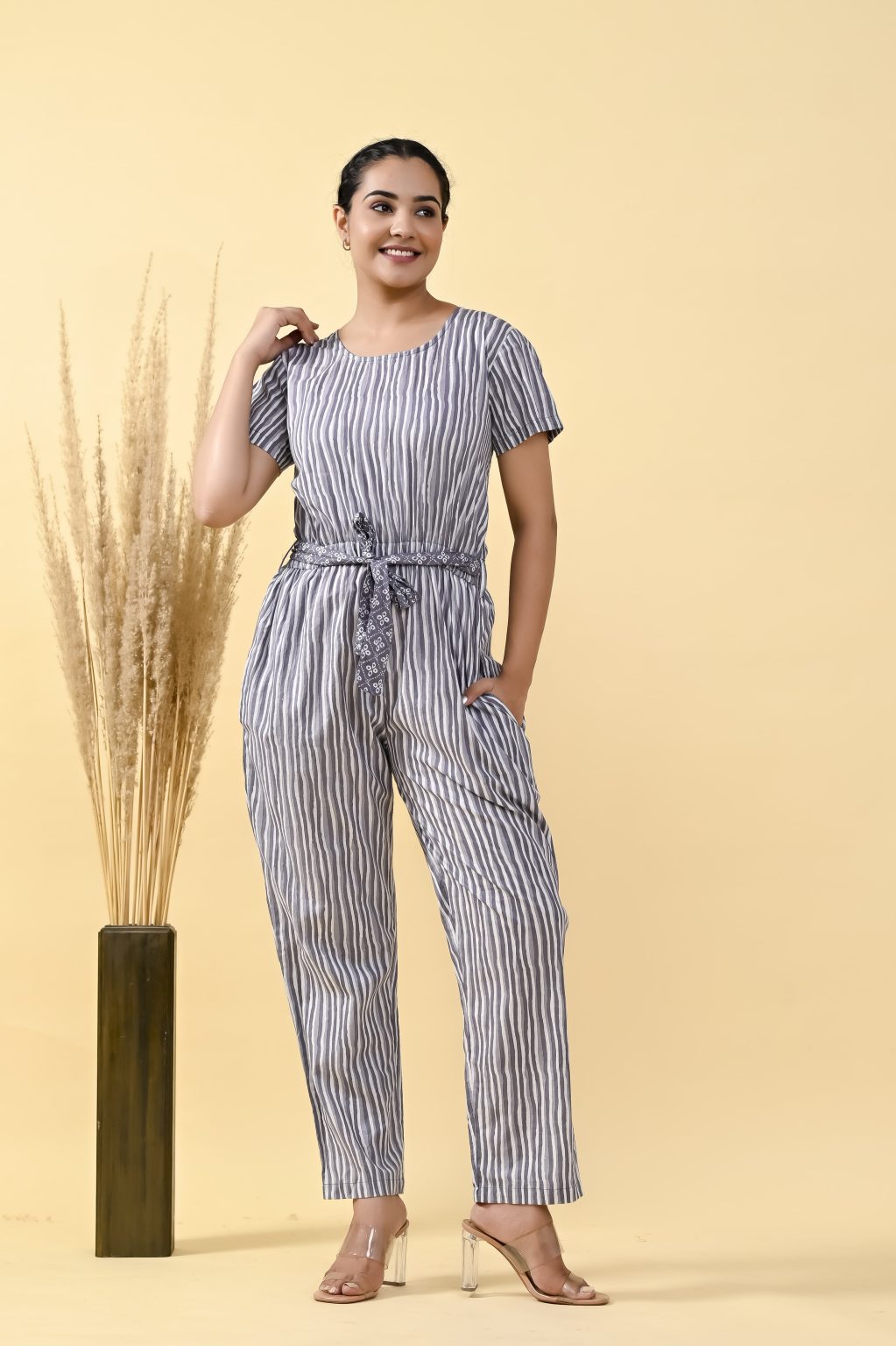 GRAY & WHIT STRIPED COTTON JUMPSUIT WITH BELT - Image 2