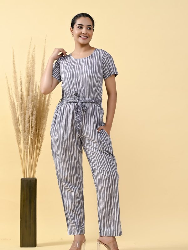 GRAY & WHIT STRIPED COTTON JUMPSUIT WITH BELT
