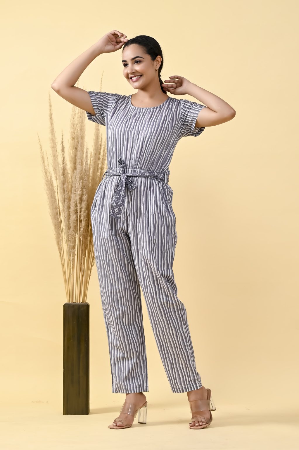 GRAY & WHIT STRIPED COTTON JUMPSUIT WITH BELT - Image 3