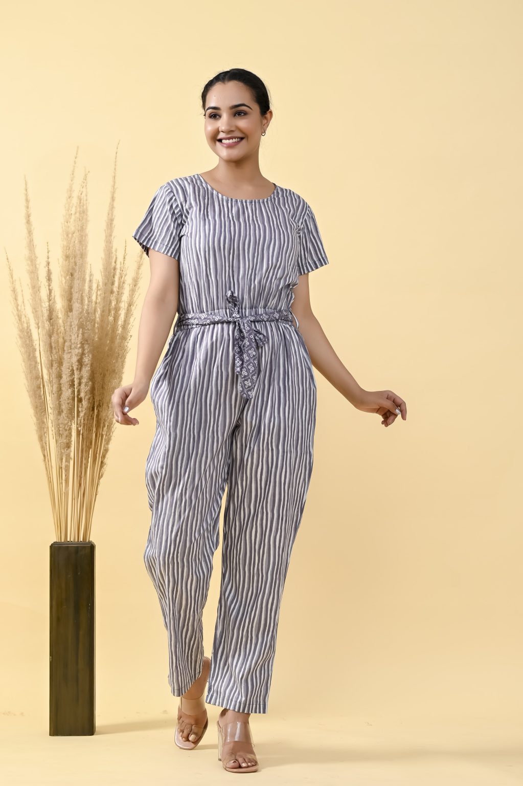 GRAY & WHIT STRIPED COTTON JUMPSUIT WITH BELT - Image 4