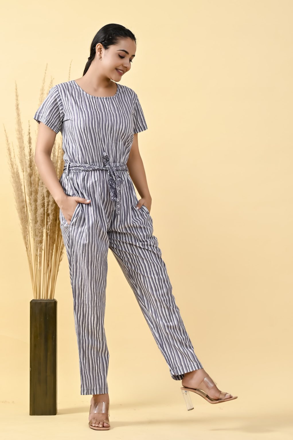 GRAY & WHIT STRIPED COTTON JUMPSUIT WITH BELT - Image 5